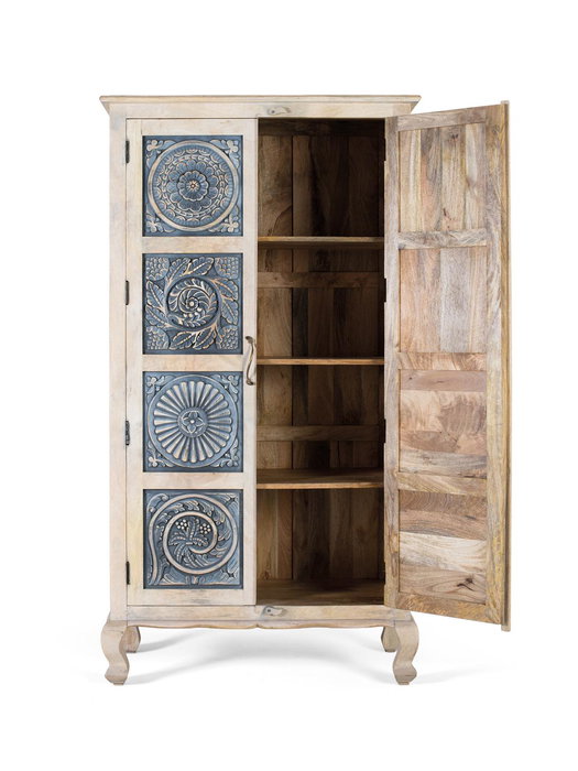GINER Y COLOMER Armadio en Bois de Mango avec Portes Sculptées à la Main 180 cm, Style Rustique Raffiné avec Finition Blanc et Bleu Grisé