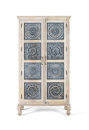 GINER Y COLOMER Armadio en Bois de Mango avec Portes Sculptées à la Main 180 cm, Style Rustique Raffiné avec Finition Blanc et Bleu Grisé