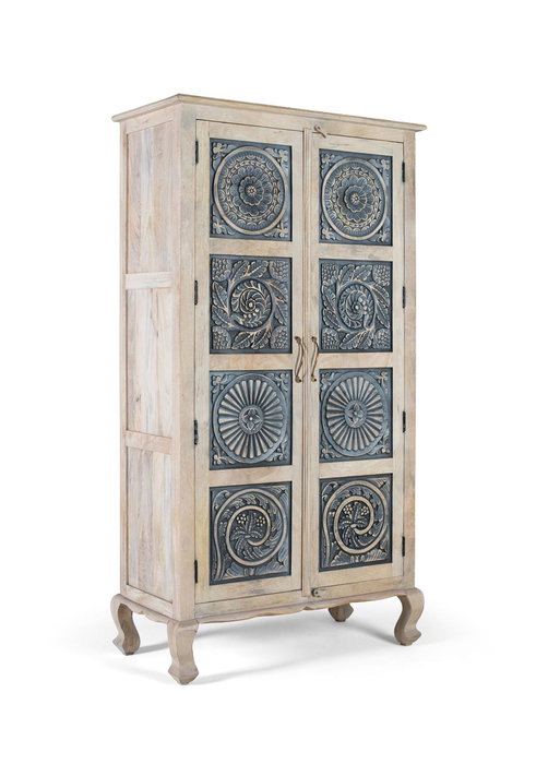 GINER Y COLOMER Armadio en Bois de Mango avec Portes Sculptées à la Main 180 cm, Style Rustique Raffiné avec Finition Blanc et Bleu Grisé