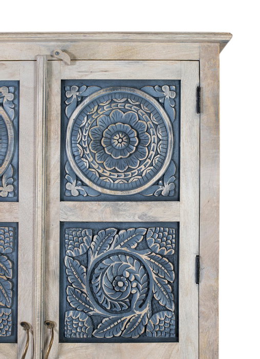 GINER Y COLOMER Armadio en Bois de Mango avec Portes Sculptées à la Main 180 cm, Style Rustique Raffiné avec Finition Blanc et Bleu Grisé