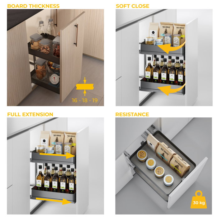 Emuca Chariot extractible Harmony avec fermeture à amortie, Module largeur 400mm hauteur 700mm, Acier et Bois, Gris anthracite