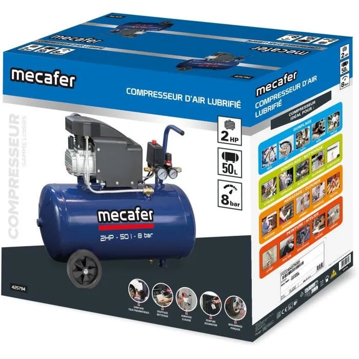 Mecafer Compresseur 425794 50 L 2 HP 8 Bar Bleu - Compresseur lubrifié pour travaux intensifs