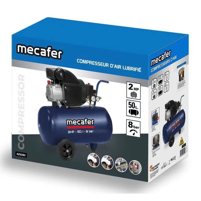 Mecafer Compresseur 425794 50 L 2 HP 8 Bar Bleu - Compresseur lubrifié pour travaux intensifs