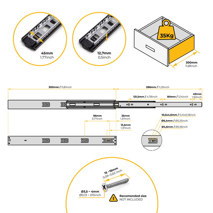 Emuca Lot de 5 jeux de Coulisses pour tiroirs, roulement à billes, hauteur 45mm, profondeur 300mm, sortie totale, fermeture amortie, Noir