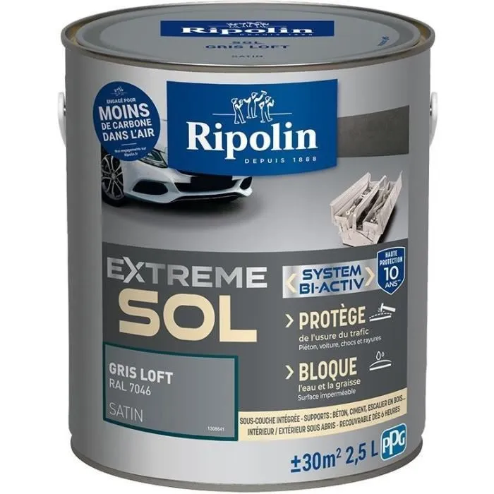 Ripolin - Peinture pour sol haute résistance satin, couleur gris loft, pot de 2.5 litres - Pour protection intérieure et extérieure Ripolin - Peinture pour sol haute résistance satin, couleur gris loft, pot de 2.5 litres - Pour protection intérieure et extérieure