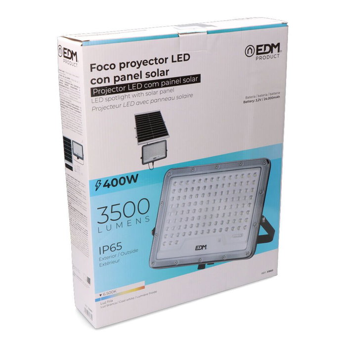Edm Foco projecteur LED solaire 400W 3500lm 6500K lumière froide IP65 avec télécommande