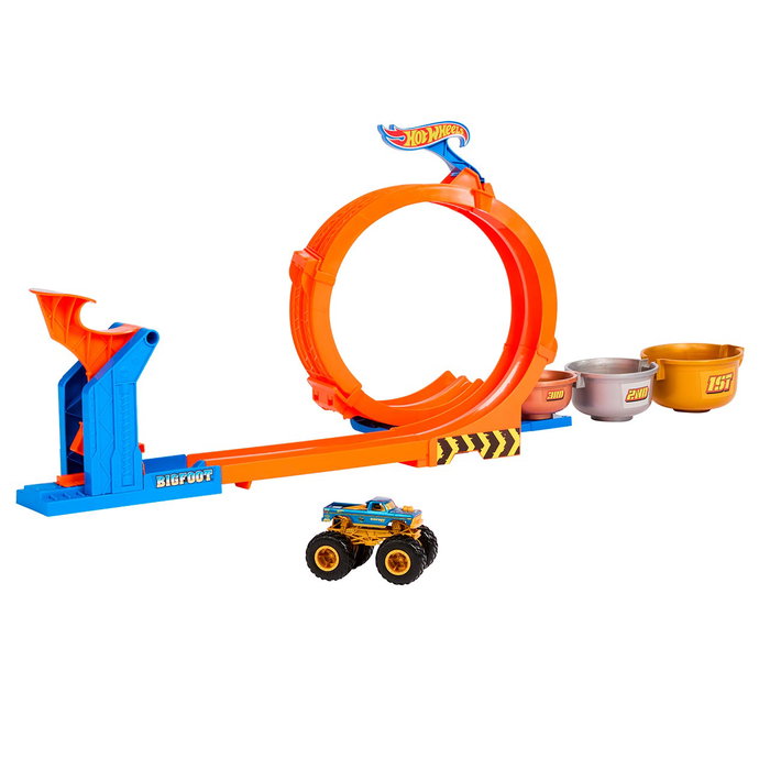 Hot Wheels Monster Trucks Bigfoot 1:64 Métallique - Set Trofeo Del Desafío avec Looping pour Enfants +4 Ans
