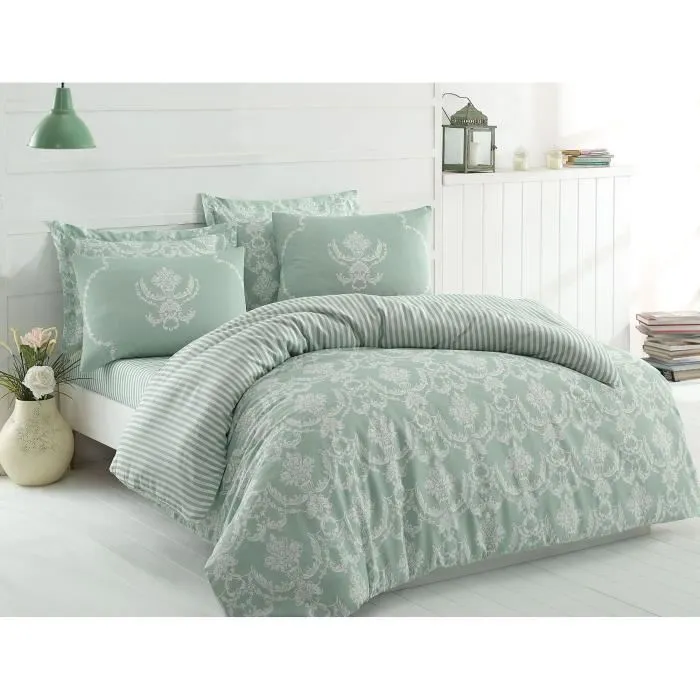 Ensemble housse de couette 1 place 220 x 240 cm + 2 taies d'oreiller 60 x 60 cm - Vert 120 fils - 65% coton, 35% polyester - Lavable machine Ensemble housse de couette 1 place 220 x 240 cm + 2 taies d'oreiller 60 x 60 cm - Vert 120 fils - 65% coton, 35% polyester - Lavable machine