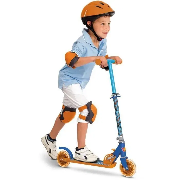 MONDO Trottinette Pliable 2 Roues Hot Wheels - Deck Aluminium Antidérapant, Roues PVC 12cm, Guidon Réglable, 50 kg Max, pour Enfants 5 Ans et Plus