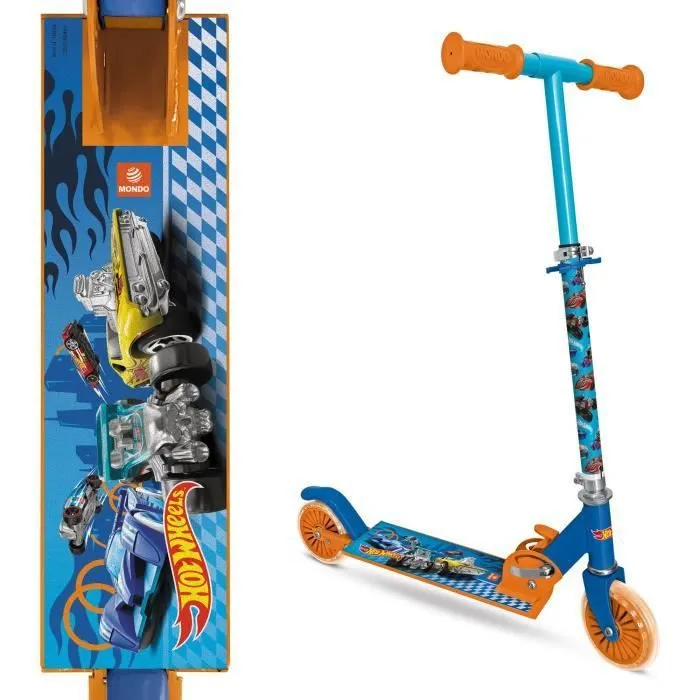 MONDO Trottinette Pliable 2 Roues Hot Wheels - Deck Aluminium Antidérapant, Roues PVC 12cm, Guidon Réglable, 50 kg Max, pour Enfants 5 Ans et Plus