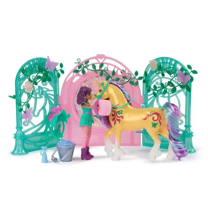 Spin Master - Playset Mini Poupée Ava et Licorne Leaf Color Reveal - Unicorn Academy - Écurie, Pouvoirs Magiques à l'Eau - À partir de 4 ans