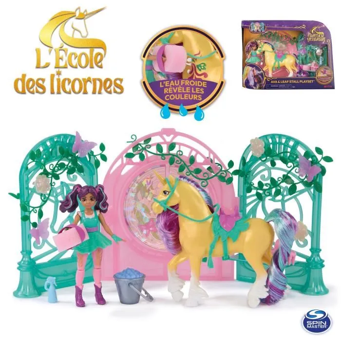 Spin Master - Playset Mini Poupée Ava et Licorne Leaf Color Reveal - Unicorn Academy - Écurie, Pouvoirs Magiques à l'Eau - À partir de 4 ans