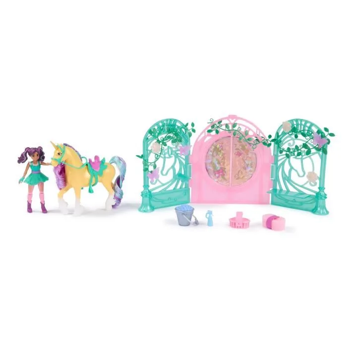Spin Master - Playset Mini Poupée Ava et Licorne Leaf Color Reveal - Unicorn Academy - Écurie, Pouvoirs Magiques à l'Eau - À partir de 4 ans