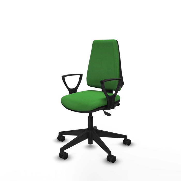 Chaise Elche Asynchrone Tissu Vert Base pyramidale noire Accoudoirs fixes Sans appui-tête Roulettes 65mm nylon Chaise Elche Asynchrone Tissu Vert Base pyramidale noire Accoudoirs fixes Sans appui-tête Roulettes 65mm nylon