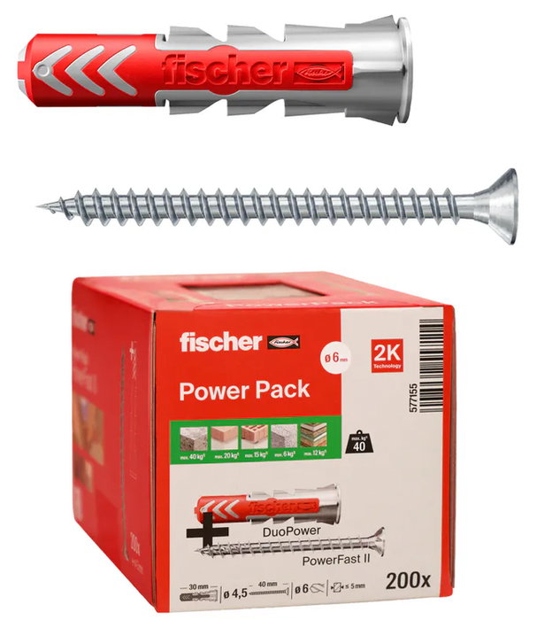 Fischer Duopower Ø6 x 30 mm + Tornillos Powerfast II Ø4,5 x 40 mm, Boîte de 200 unités Fischer Duopower Ø6 x 30 mm + Tornillos Powerfast II Ø4,5 x 40 mm, Boîte de 200 unités