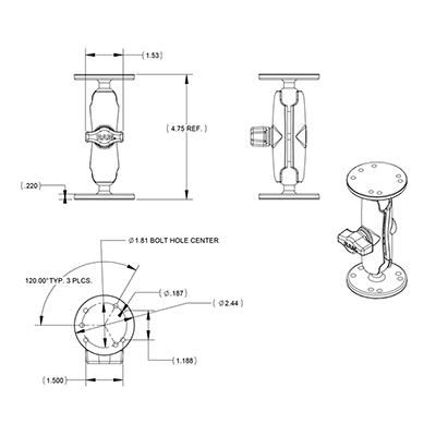 RAM Mounts RAM-B-101U - Support universel double rotule avec bras et deux plateaux ronds 2,5 pouces, système anti-vibration, montage AMPS