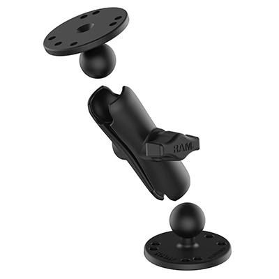 RAM Mounts RAM-B-101U - Support universel double rotule avec bras et deux plateaux ronds 2,5 pouces, système anti-vibration, montage AMPS