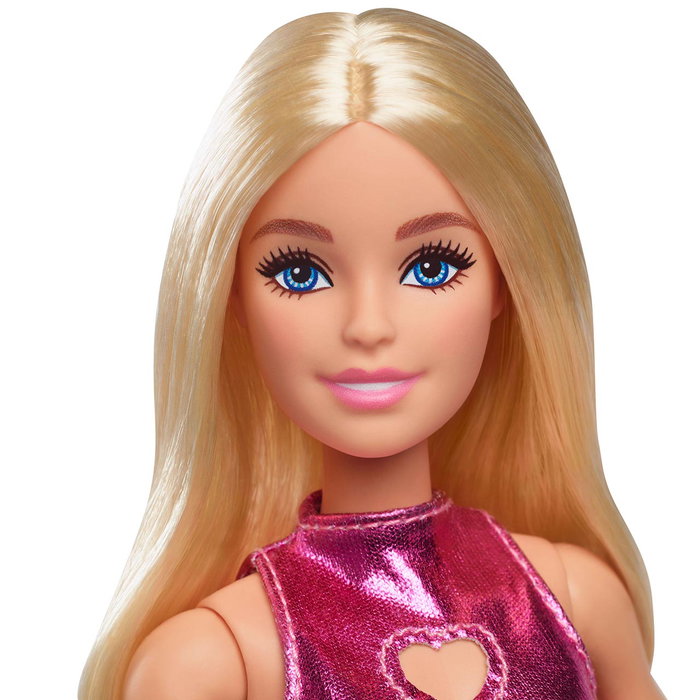 Barbie Fashionista - Poupée avec Robe Rose Métallisé à Décolleté Cœur - Accessoires : Bracelet Blanc et Escarpins à Plateforme - Pour Enfant +3 Ans - Hyt88
