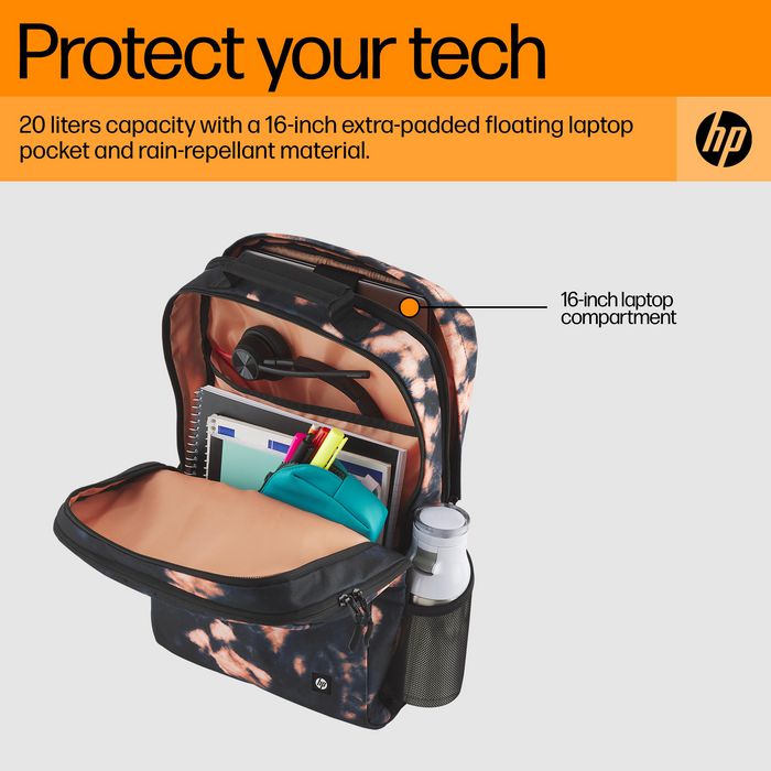 HP Sac à dos Campus XL Tie Dye, compartiment ordinateur 16 pouces, fermeture verrouillable, matériau imperméable