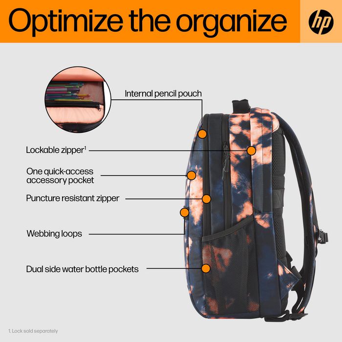 HP Sac à dos Campus XL Tie Dye, compartiment ordinateur 16 pouces, fermeture verrouillable, matériau imperméable