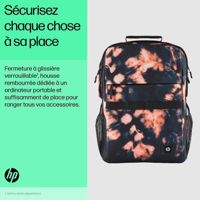 HP Sac à dos Campus XL Tie Dye, compartiment ordinateur 16 pouces, fermeture verrouillable, matériau imperméable
