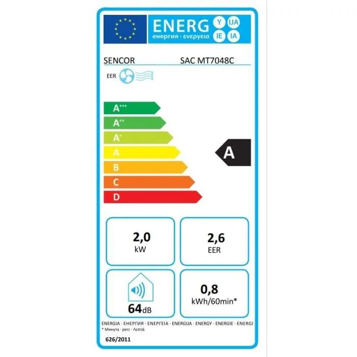 Sencor SAC MT7048C - Climatiseur mobile, 7000 BTU, puissance pour 26 m², classe énergétique A, avec télécommande et mode sommeil