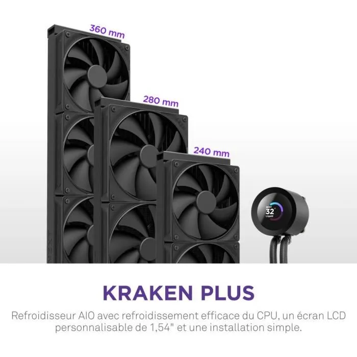 NZXT Kraken Plus 360 (RL-KN360-B2) - Watercooling avec écran LCD carré 1.54" personnalisable - Noir - Refroidissement liquide pour PC