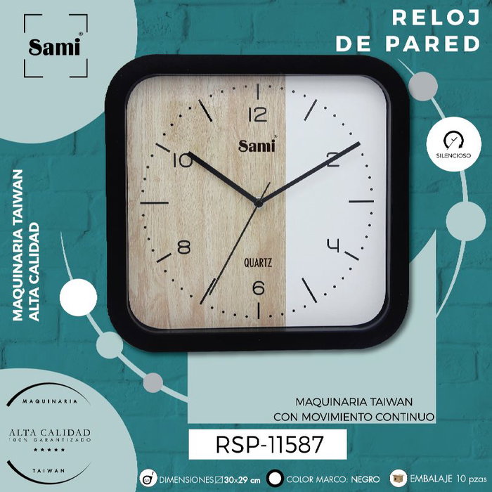 SAMI Horloge murale carrée noire cadran bois/blanc