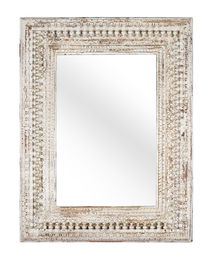GINER Y COLOMER Miroir de Mur Rectangulaire en Bois de Manguier 130 cm - Cadre Blanc Décapé avec Moulures Main - Luna 88x58 cm - Style Vintage