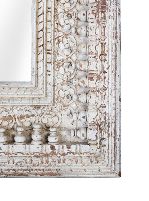 GINER Y COLOMER Miroir de Mur Rectangulaire en Bois de Manguier 130 cm - Cadre Blanc Décapé avec Moulures Main - Luna 88x58 cm - Style Vintage