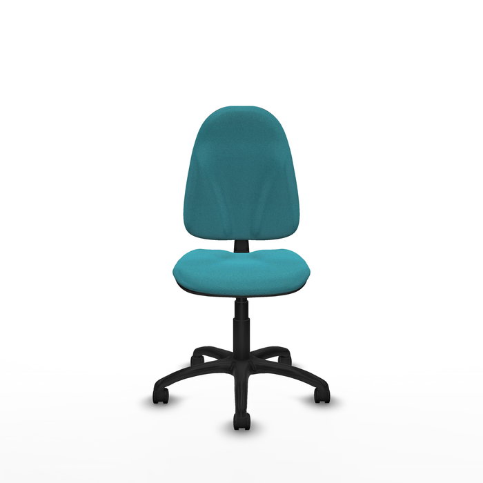 Chaise de bureau Algarra avec mécanisme de contact permanent de base, rembourrée de tissu turquoise. Équipée d'une base en polyamide noir, sans accoudoirs et de roulettes en nylon de 50 mm.