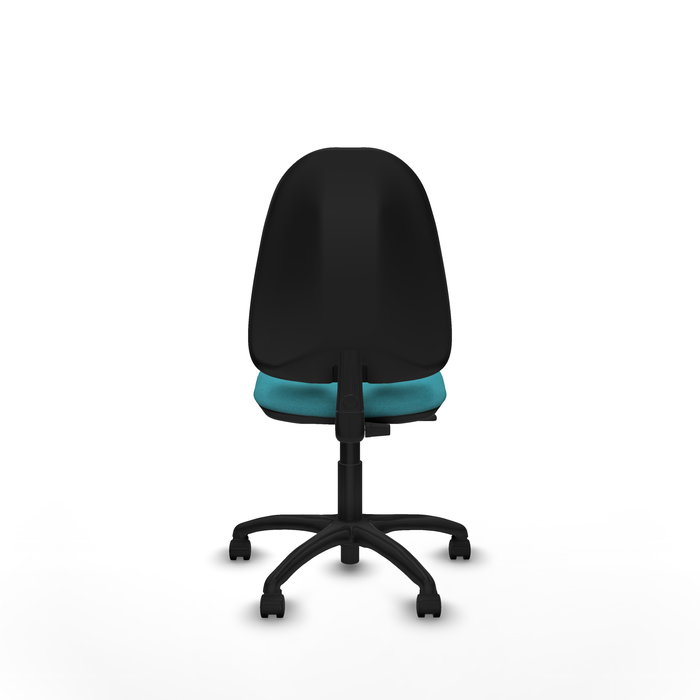 Chaise de bureau Algarra avec mécanisme de contact permanent de base, rembourrée de tissu turquoise. Équipée d'une base en polyamide noir, sans accoudoirs et de roulettes en nylon de 50 mm.