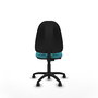 Chaise de bureau Algarra avec mécanisme de contact permanent de base, rembourrée de tissu turquoise. Équipée d'une base en polyamide noir, sans accoudoirs et de roulettes en nylon de 50 mm.
