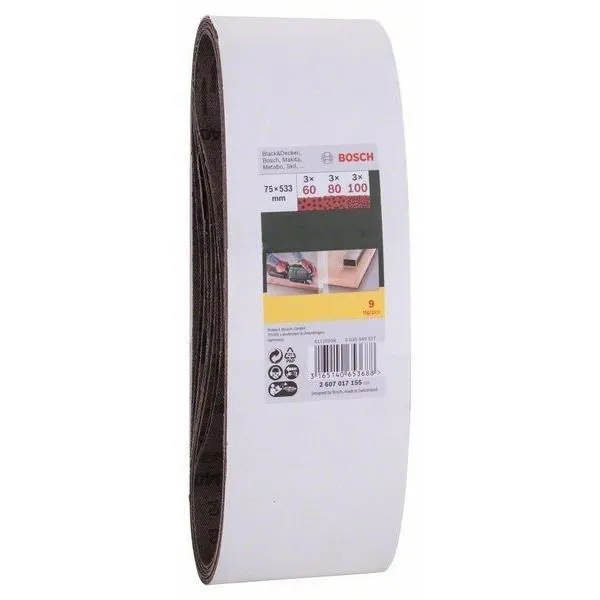 Bosch - Set de 9 bandes abrasives 74 x 533 mm pour ponceuse à bande - Grains 60/80/100 (3x chaque) - Ponçage bois, aggloméré, métal