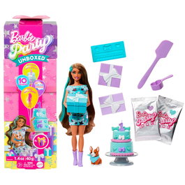 Barbie Poupée Party Reveal Bleue avec 10 Surprises et Chiot Cadeau Jfg72 Mattel - Poupée à Déballer Version Multilingue