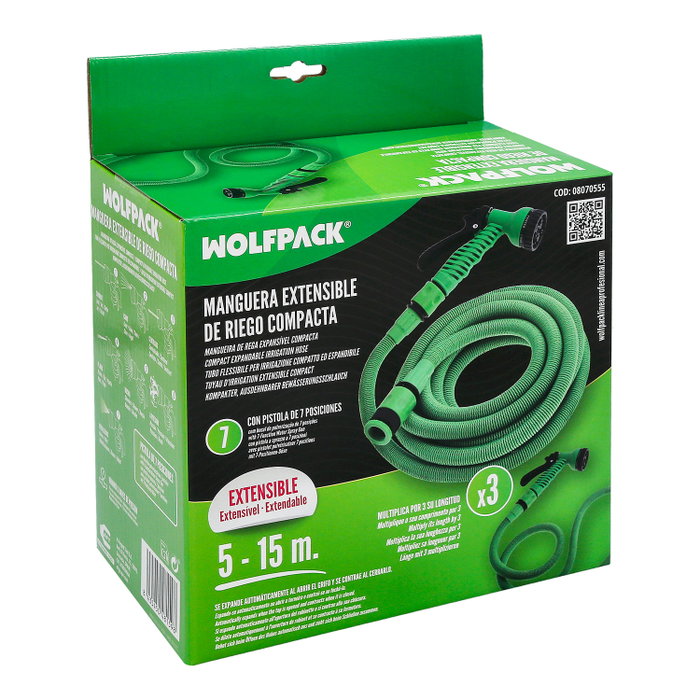 WOLFPACK LINEA PROFESIONAL Manguera Extensible Riego Compacto 5 à 15 Mètres avec Pistolet 7 Positions WOLFPACK LINEA PROFESIONAL Manguera Extensible Riego Compacto 5 à 15 Mètres avec Pistolet 7 Positions