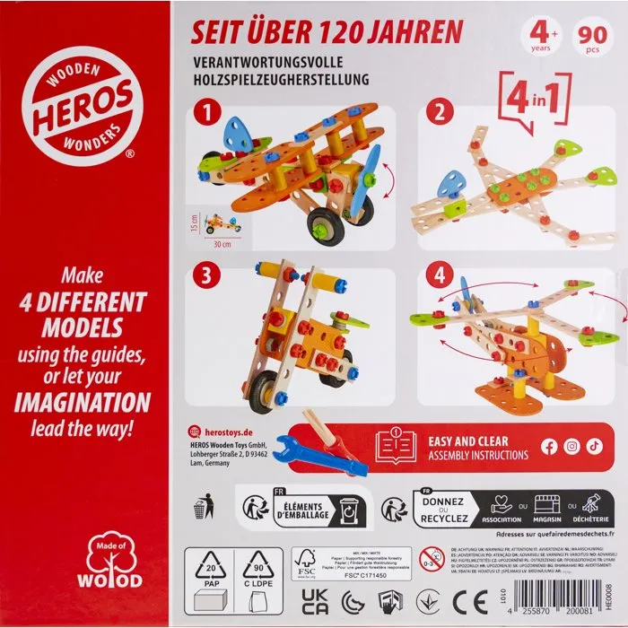 HEROS - Avion Biplan à Construire - Jeu de Construction en Bois - 90 Pièces - 100% Bois FSC - Fabrication Allemande - À Partir de 4 Ans