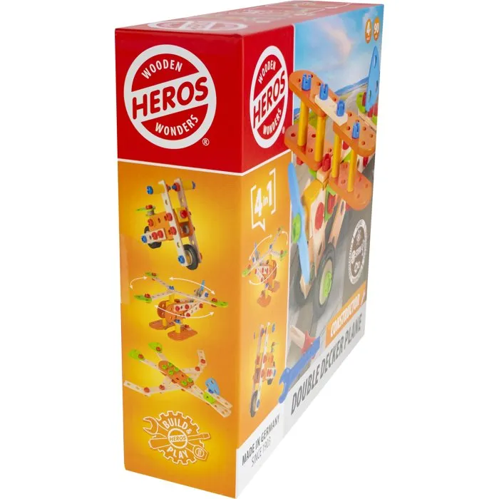 HEROS - Avion Biplan à Construire - Jeu de Construction en Bois - 90 Pièces - 100% Bois FSC - Fabrication Allemande - À Partir de 4 Ans