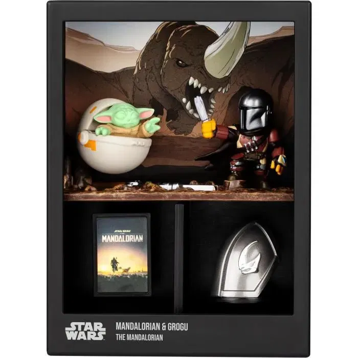 Fandrop Figurine STAR WARS Mandalorian & Grogu avec vitrine de collection, scène culte et mini affiche - 18 cm