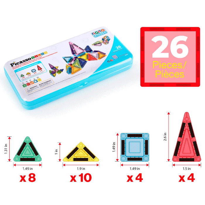 CEFA Mini Blocs Magnétiques Picasso Tiles 02019, 26 Pièces incluant Triangles et Carrés, avec Boîte de Transport Métal, Compatible Autres Sets, +3 Ans