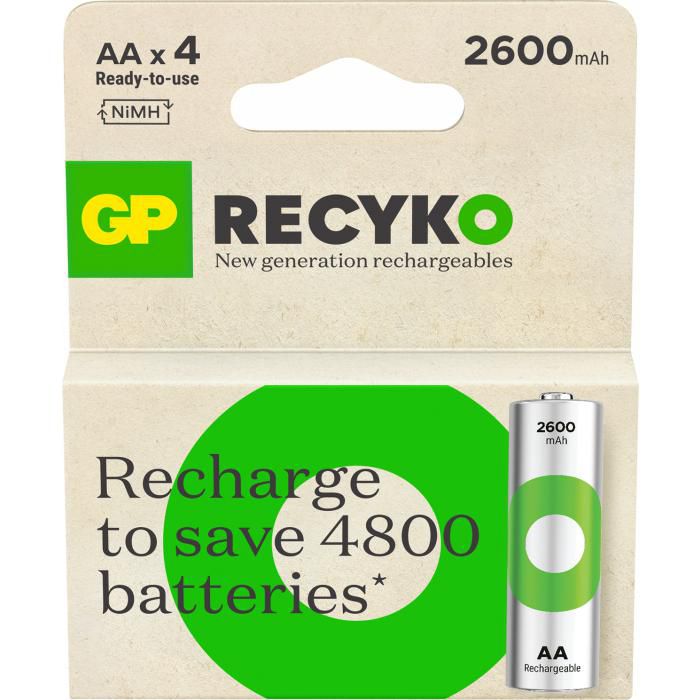 GP Batterie Rechargeable Recyko AA 2600mAh NiMH - Lot de 4 GP Batterie Rechargeable Recyko AA 2600mAh NiMH - Lot de 4