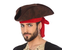 Accessoire déguisement adulte: Chapeau de pirate marron vieilli 33 cm avec bandana rouge - Fête, carnaval, Halloween