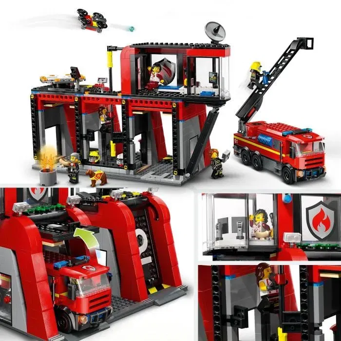 Lego City 60414 Caserne de Pompiers et Camion, Jouet de Construction avec 5 Minifigurines et Chien, 843 Pièces, Cadeau pour Enfants Dès 6 Ans