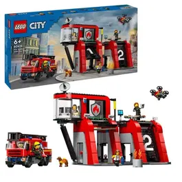 Lego City 60414 Caserne de Pompiers et Camion, Jouet de Construction avec 5 Minifigurines et Chien, 843 Pièces, Cadeau pour Enfants Dès 6 Ans