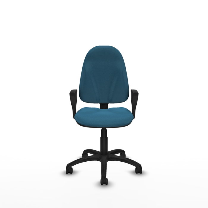 Chaise de bureau Algarra avec mécanisme Contact permanent à double poignée, rembourrée de tissu vert pétrole. Équipée d'une base en polyamide noir, d'accoudoirs fixes et de roulettes autobloquantes