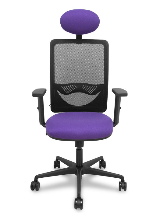 Chaise Zulema Synchro 3 positions tissu Violet Maille Noir Base en nylon noir Accoudoir 2D Appui-tête Roulettes 65mm nylon