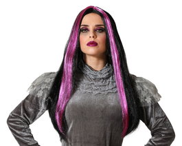 Perruque longue vampiresse fuchsia avec mèches noires 60cm