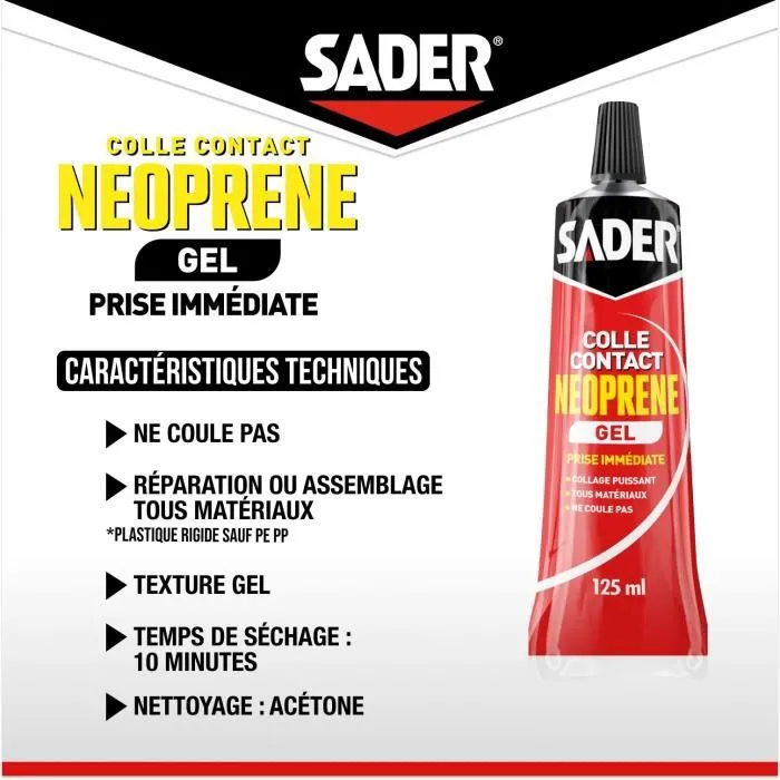 Sader - Colle contact néoprène gel extra forte, pour bois, caoutchouc, cuir, liège, métal, plastique rigide - Tube 125 ml