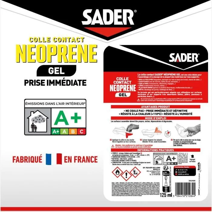 Sader - Colle contact néoprène gel extra forte, pour bois, caoutchouc, cuir, liège, métal, plastique rigide - Tube 125 ml