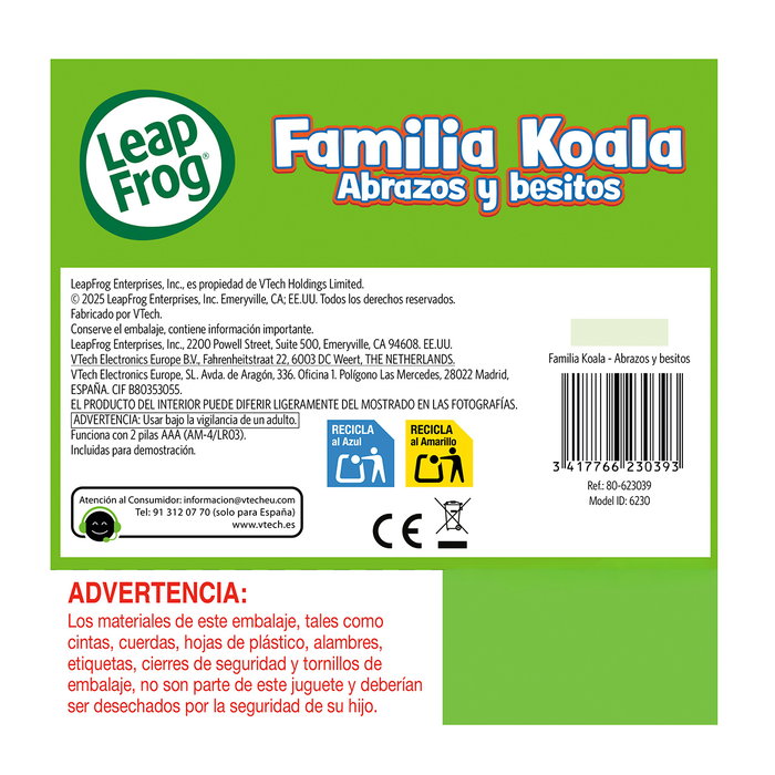 LeapFrog Familia Koala Abrazos Y Besitos 80-623039 - Peluche Interactive Bébé Koala, Apprentissage des Nombres et des Lettres, 5 Chansons, Mode Automatique